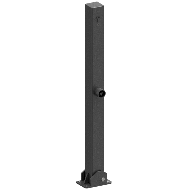 Barrier post 70 x 70 mm | foldable | with profile cylinder lock | and triangular lock | to be fixed by plugswith base plate 100 x 150 mm | hot-dip galvanized | with 1 eyelet